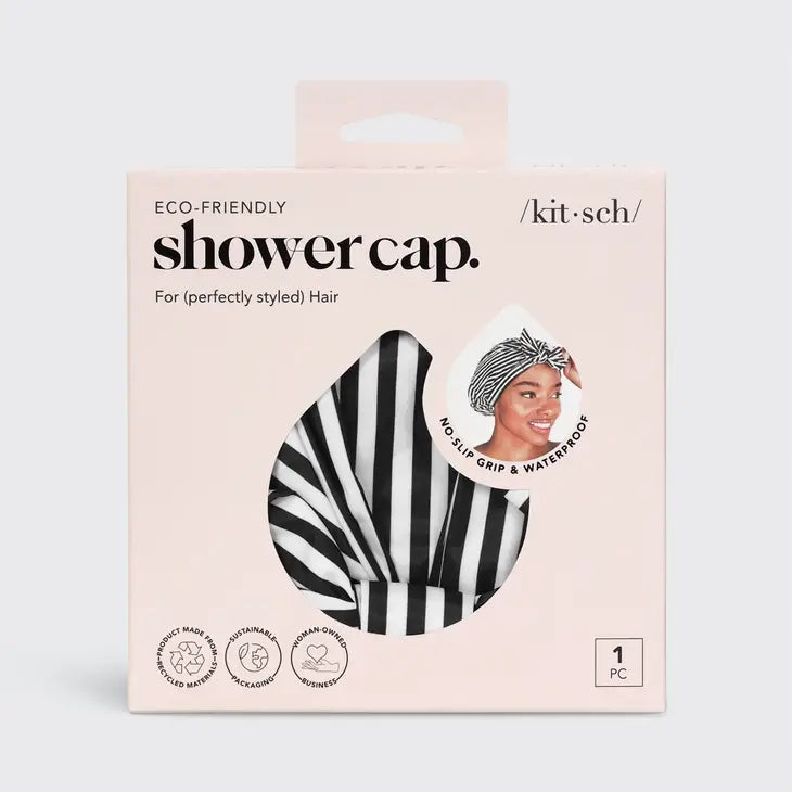 Luxe Shower Cap - Black and White Stripe