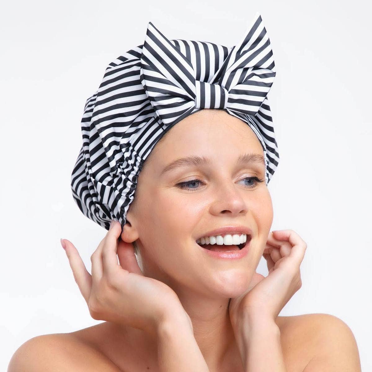 Luxe Shower Cap - Black and White Stripe